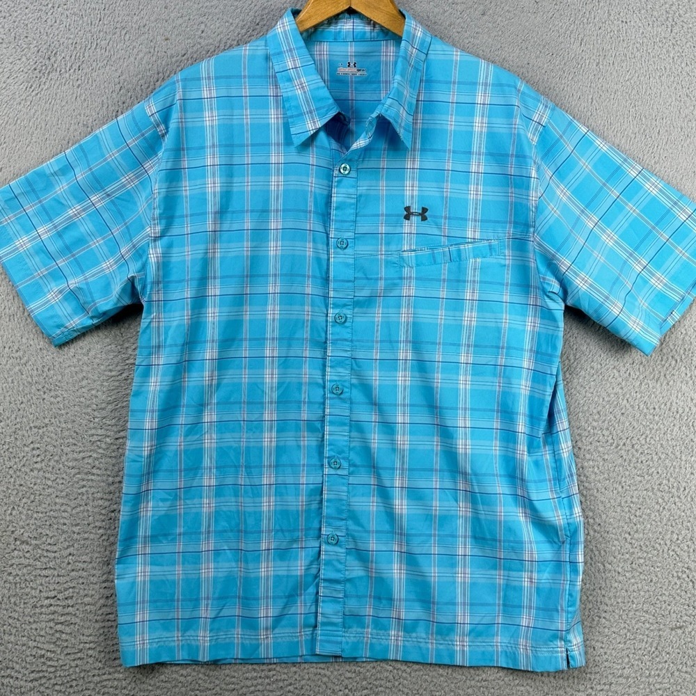 Under‎ Armour All Season Gear Shirt Button Up Mens Large Blue Plaid Pocket Logo